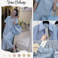 Váy sơ mi nữ dáng suông dài tay ngắn họa tiết kẻ sọc phối màu xanh trắng,đầm nữ chất mềm mịn tiểu thư sang chảnh V18