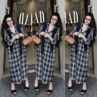 Váy Sơ Mi Nữ Kẻ Caro Maxi Dáng Dài Kèm Khăn Thủy Thủ Xanh Than Đầm Nữ Dài Tay Cài Cúc Freesize Form Rộng