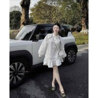 Váy sơ mi trắng dáng suông phối ren tiểu thư