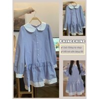 Váy sơ mi, váy sơ mi tay dài kẻ sọc baby doll mùa hè, kiểu dáng thanh lịch tối giản - ChingChing