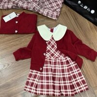 Váy sọc đỏ sát nách cổ sen vải thô kèm áo khoác len đỏ size 1-6