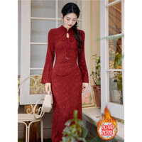 Váy sườn xám cải tiến màu đỏ đẹp Váy cưới đính hôn hàng ngày