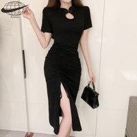 Váy sườn xám KAISIKE mùa hè dài vừa phải xẻ dây rút xếp li gợi cảm xã hội thanh lịch phong cách retro cải tiến váy sườn xám