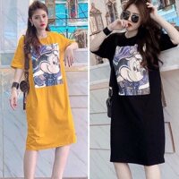 Váy Suông Chất Cotton Dáng Dài Cộc Tay In Hình Chuột Mickkey 💚 Đầm Thun Suông Dáng Rộng Phong Cách Hiện Đại