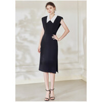 Váy suông chữ a cổ sơ mi trắng phối váy đen trơn sẻ tà