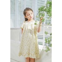 Váy suông cộc tay cổ vuông cài khuy trước bé gái - Lime dress - Hoa nhí vàng chanh