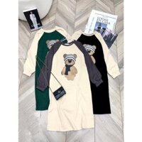 Váy suông dài tay form rộng in gấu, đầm suông dài tay bo phối màu lạ mắt