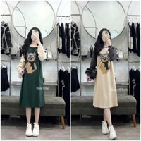 Váy suông dài tay form rộng in gấu phối tay, đầm suông dài tay bo chất cotton co giãn