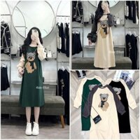 Váy suông dài tay form rộng in gấu, đầm suông dài tay bo 3 màu -  XANH - free size