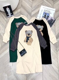 Váy suông dài tay form rộng in gấu, đầm suông dài tay bo 3 màu - Be - free size