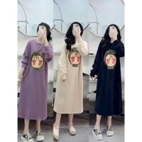 Váy suông dài tay thu đông cô gái đeo kính chất nỉ, đầm suông dáng dài in cô gái nhiều màu