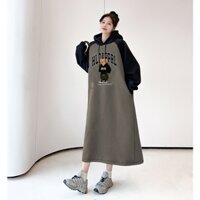 Váy suông, đầm suông dài tay có mũ chất nỉ hàn Gấu Holi mix màu