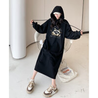 Váy suông, đầm suông dài tay có mũ chất nỉ hàn hình in CHỒN