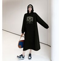 Váy suông, đầm suông, đầm bầu dài tay có mũ chất nỉ hàn hình in CON CÚ