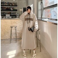 Váy suông, đầm suông, đầm bầu dài tay có mũ chất nỉ hàn hình in BEARS MÀU BE