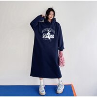 Váy suông, đầm suông, đầm bầu dài tay có mũ chất nỉ hàn hình in Thỏ XANH THAN