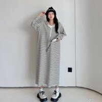 Váy suông, đầm suông, đầm bầu dài tay có mũ chất nỉ tổ ong hình kẻ sọc V19