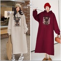 Váy suông, đầm suông, đầm bầu dài tay có mũ chất nỉ hàn hình in PUG