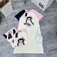 Váy suông dáng dài cộc tay nữ in chữ WOODY , đầm suông nữ mùa hè phối tay free