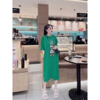 Váy suông dáng dài form rộng in hình vịt đội mũ love made, đầm bầu cộc tay nhẹ nhàng - kẻ sọc - free size <62kg