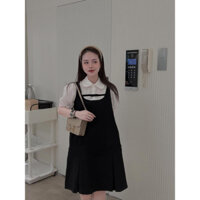 Váy suông đen phối sơ mi trắng nơ nhỏ, đầm babydol phối sơ mi nữ phom rộng