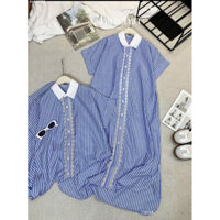 🎀VÁY SUÔNG KẺ XANH CỔ SEN VIỀN REN