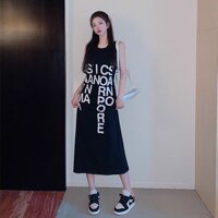 Váy suông mặc hè - đầm suông sát nách muà hè dáng dài in chữ pore 2 màu - ĐEN