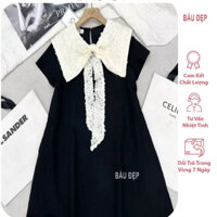 🔥Váy suông màu đen, Váy bầu công sở đen có nơ trắng