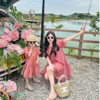 Váy suông mẹ và bé gái cổ tròn dễ thương cho hai mẹ con