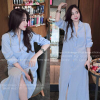 Váy suông [Min&Chin Studio chính hãng] chất đũi linen sọc xanh cúc dọc mềm mát