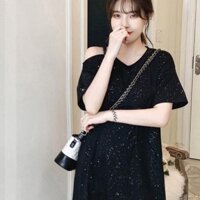 Váy suông nhũ lệch vai cổ tim