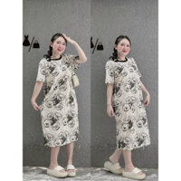 Váy suông nữ cộc tay in gấu rách, đầm suông nữ cổ tròn form rộng 3 màu