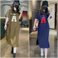 Váy suông tay lỡ in chữ A, đầm suông dáng dài form rộng chất cotton -  XANH - free size