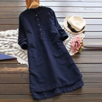 Váy suông trung niên Linen dài tay cổ tầu bổ trụ SLINEN, form đầm suông không kén dáng.