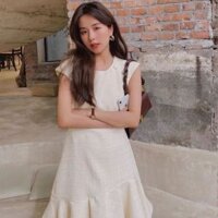 Váy suông vải tweed đuôi cá, cổ tròn, cúc đá, chiết eo, màu sắc thanh lịch