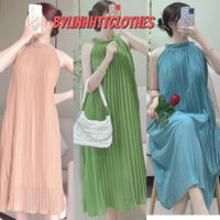 Váy suông xếp ly cổ yếm Basic dáng dài váy bầu 2 lớp đầm maxi đầm freesize đầm yếm Linhhtt Linh Htt