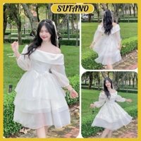Váy taffa trễ vai xòe 3 tầng kèm nơ đá đầm thiết kế trắng dáng xòe bánh bèo có mút ngực V232 SUTANO