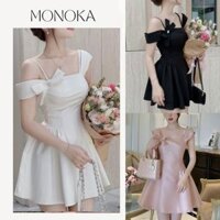 Váy Tafta tiểu thư trễ vai nơ đính đá Đầm dự tiệc sang trọng dáng xòe đi chơi lễ tết ăn cưới kỷ yếu nữ tính T96G MONOKA