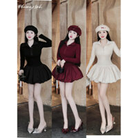 Váy tăm cổ bẻ cài khuy gấu bồng xòe dáng ngắn