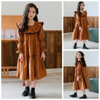 Váy tay bồng dáng midi bé gái style quý cô. Váy nhiều tầng, cổ vuông bèo phối ren. Màu nâu cực tây,vải nhẹ nềm, thấm hút
