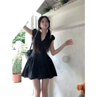 Váy tay hến cổ V dáng ngắn phong cách Vintage Hàn Quốc