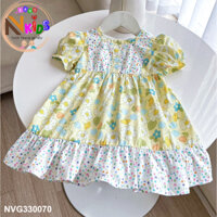 Váy tay phồng cổ vuông, chất thô lụa mềm mát thấm hút tốt màu vàng phối trắng chấm bi họa tiết hoa nhiều màu, Size 9-33k