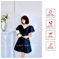 Váy thiết kế cao cấp màu đen tay phồng xòe cổ V  [ Có video + Ảnh thật ] Ngọc Trinh Hồ - Clothing HT004