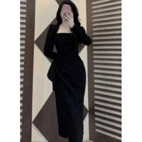 Váy thiết kế lệch tà, Đầm ôm body vạt chéo đính đá viền cổ vuông