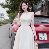 Váy thiết kế nữ dạ tweet, màu trắng, phối ren cho Nàng, cực xinh, đi làm, đi chơi, phong cách nhẹ nhàng bay bổng VANOS