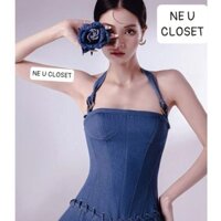 [VÁY THIẾT KẾ] Váy jean cổ chocker đầm jean cúp ngực phối cổ chocker váy xoè hiện đại Jean đầm jean xoè váy chocker, sẵ.