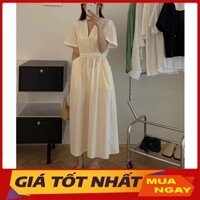 Váy Thô Cổ Tym Túi 2 Bên Buộc Eo Dáng Dài Hàng Quảng Châu H9010