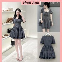 Váy Thô Đũi Chấm Bi Cổ Vuông Tay Bồng Xòe 2 Tầng Đầm Nữ Thiết Kế Màu Xi Măng