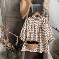 Váy thu đông bé gái, chất nhung tăm Hàn Quốc, hoa nhí xinh xắn, cổ cao nhún bèo, dáng babydoll , size 90-140 ( 12-28kg)