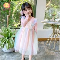 Váy Thu Đông Dài Tay Cho Bé - Đầm Công Chúa Elsa Dáng Xoè Hoạ Tiết Cầu Vồng